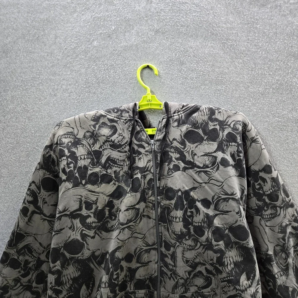 Skull Men Hoodie 2XL Gray Sherpa Lined Y2K Grunge Skate Hip Hop Full Zip